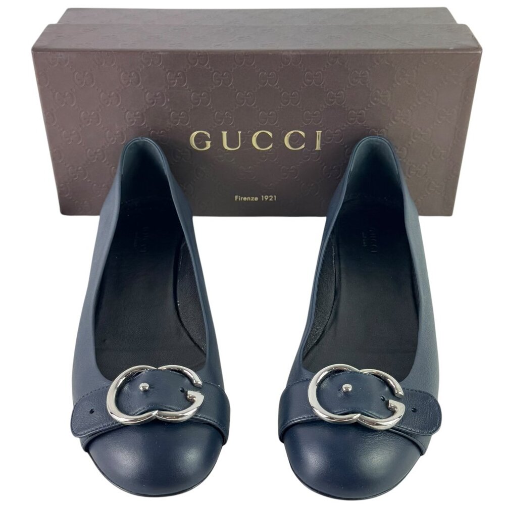 GUCCI Sachalin Navy Blue Leather GG Front Logo Cap Toe Ballet Flats 41 - 11US